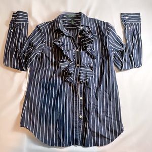 Lauren Ralph Lauren Women’s Ruffled Striped Navy Button Down Top - Size M